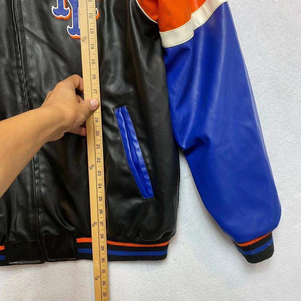 New York Mets Jacket Mens Large Black Faux Leather Varsity Bomber G-III Sports